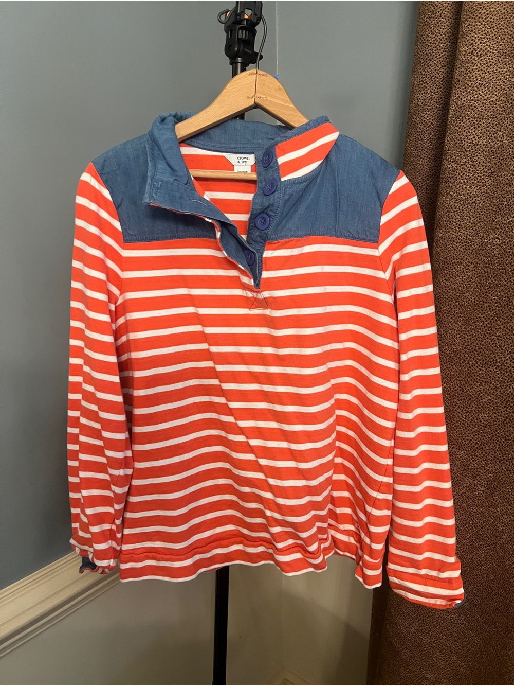crown & ivy Orange and White Striped Pullover with Blue Denim Yoke